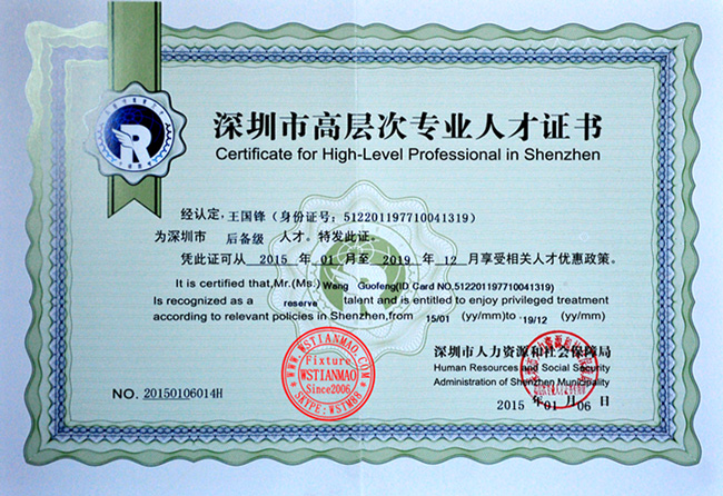 WSTIANMAO Certificate for high-level professional in Shenzhen